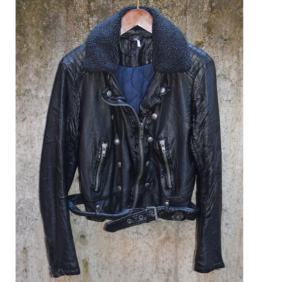 Free People Black Faux Leather Moto Jacket with Shearling Collar  Women’s Medium - Picture 1 of 5